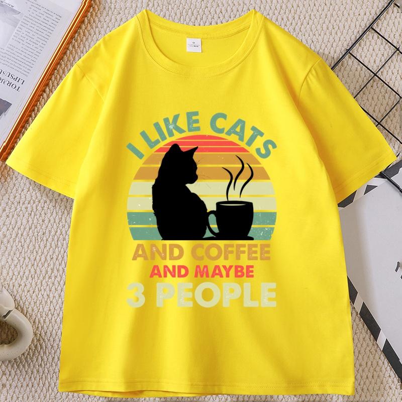 Cats and Coffee Sunset Tshirt I Like Cats and Maybe 3 People Tshirt Casual Cotton Printed Short Sleeve T Shirt Streetwear Tops