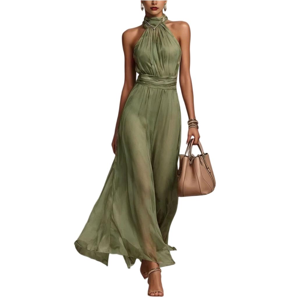 Women’s Neck Chiffon Maxi Dress Ruched Waist Sleeveless Flowy Long Dress Vacation Style Elegant Design