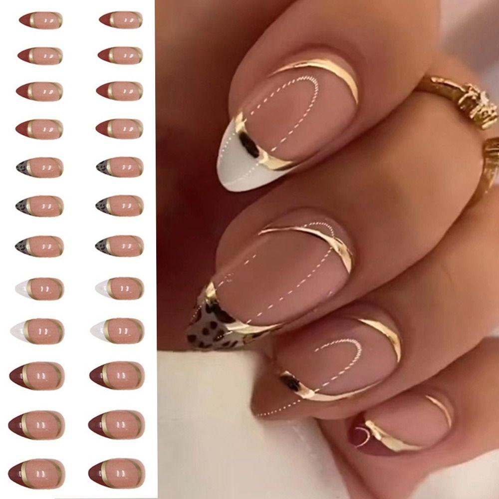 24ks Manikúra DIY Jednoduché Falešné Nials Francouzské dlouhé mandlové zlaté linie False Nails