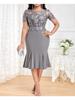 Elegant Plus Size Party Dress Women Lace Splice High Waist Fishtail Dress Sexy Round Neck Short Sleeve