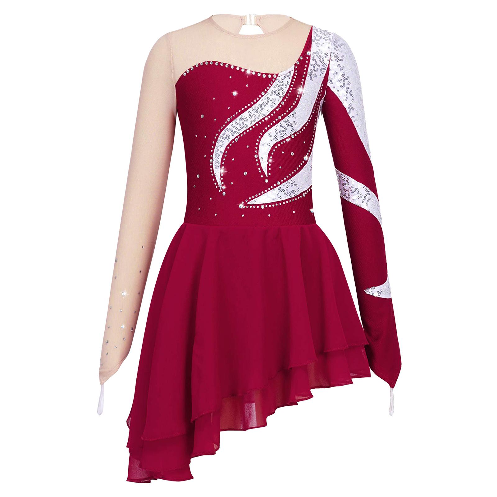 Mädchen Langarm Tanzkleid Glänzende Pailletten Verzierter Patchwork-Stil Hohlrücken Kleider 5-6 Years bordeaux