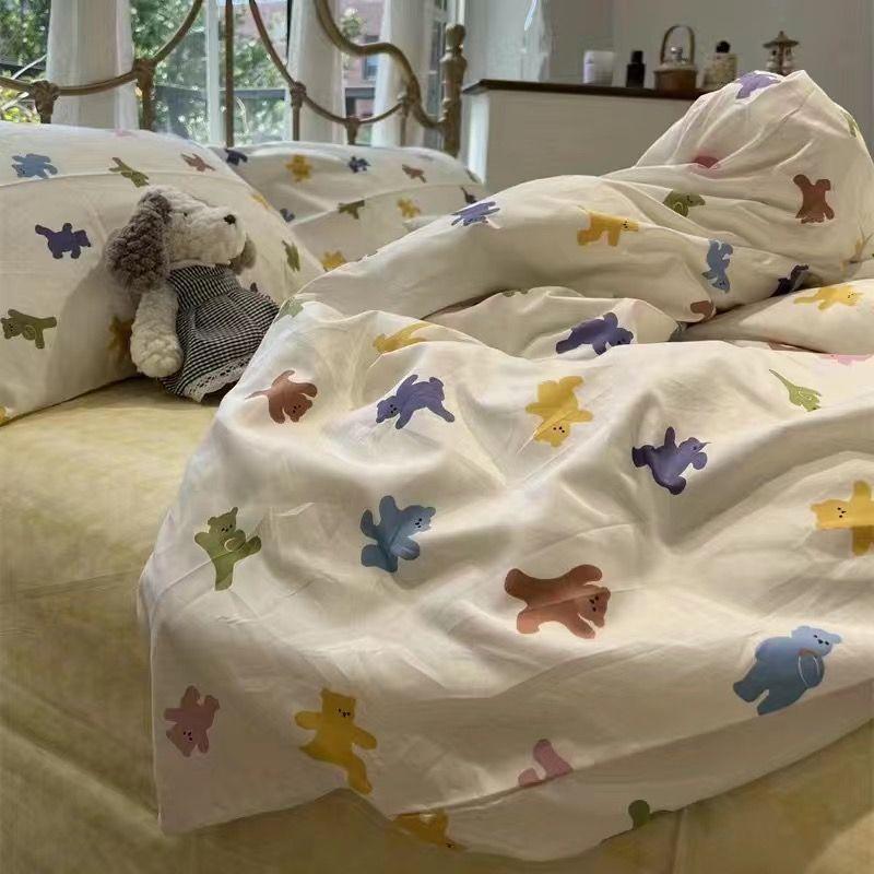 Washed Cotton Bed Four-piece Set Simple Bedding Quilt Cover Bed Sheet Dormitory Three-piece Set