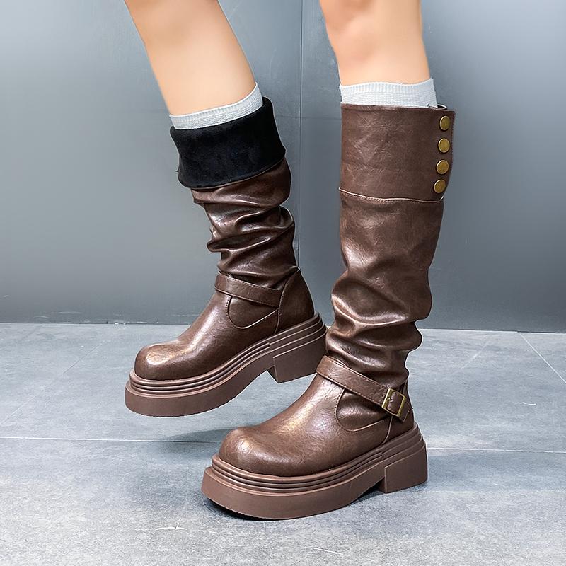 Studded Block Heel Cotton Boots Autumn New Round Toe Metal Belt Buckle Platform Anti-Slip Wear-Resistant Mid-Tube Boots