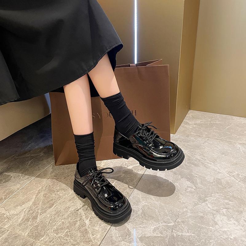 Thick sole wide fat feet small leather shoes thick heel laceup college style large size women's shoes