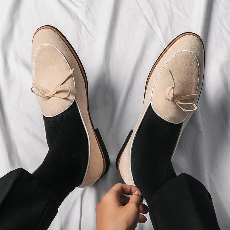Luxury Designer Suede Leather Shoes Men Pointed Toe Bowtie Loafers Wedding Dress Prom Formal Footwear Sapatos Tenis Masculino