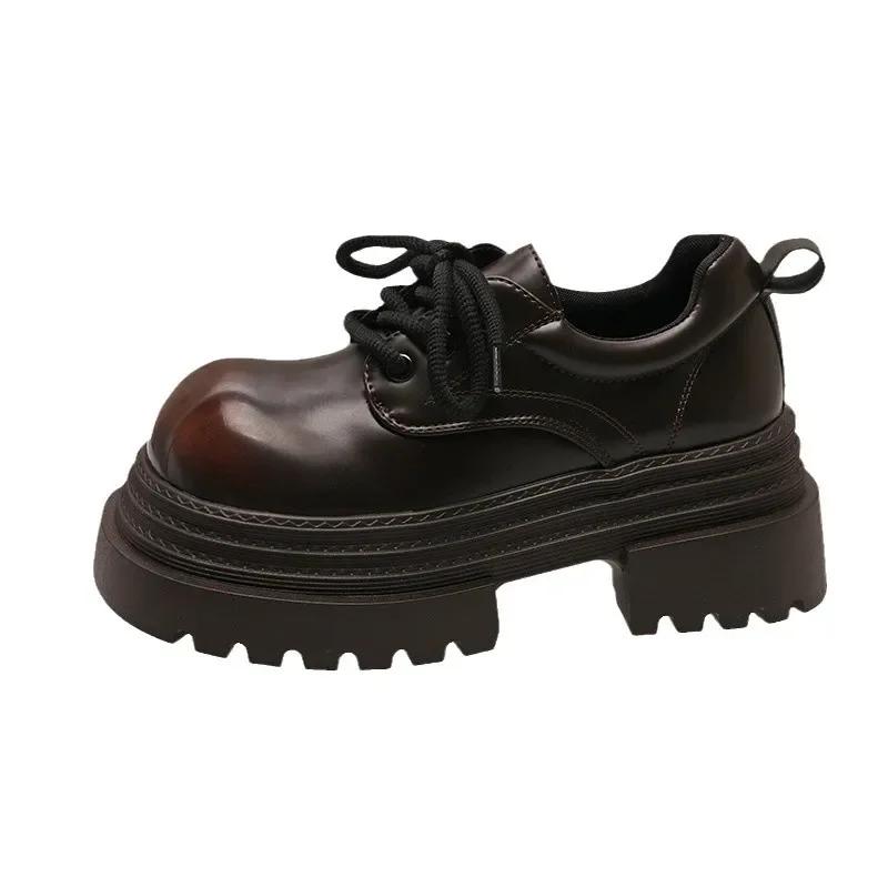 Fashion Women's Chunky Heel Single Shoes Female British Style Square Head Loafers Casual New Thick Heels Dress Lace-up Leather Pumps