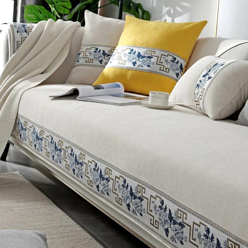 Chinese Style Chenille Sofa Cover Four Seasonal Universal Solid Wood Sofa Seat Cushion Solid Color Anti Slip Couch Cushion Cover