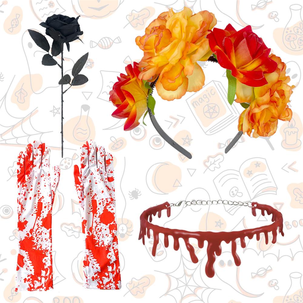 4-Piece Set Halloween Party Costume Rose Flower Headband Novelty Horror Necklace Gloves  for Women