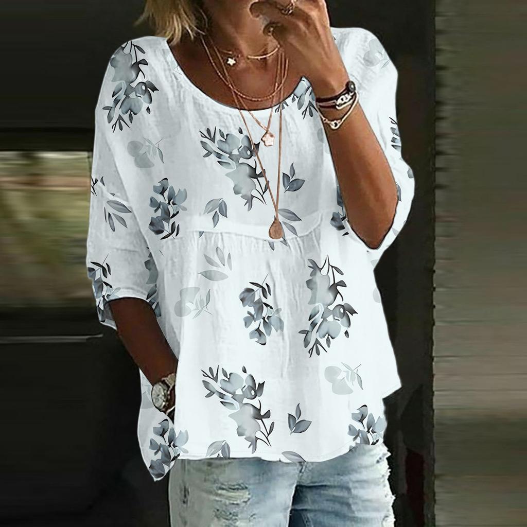 Damen Casual Mode Dreiviertelarm Locker Rundhals Floral Bedrucktes Oberteil