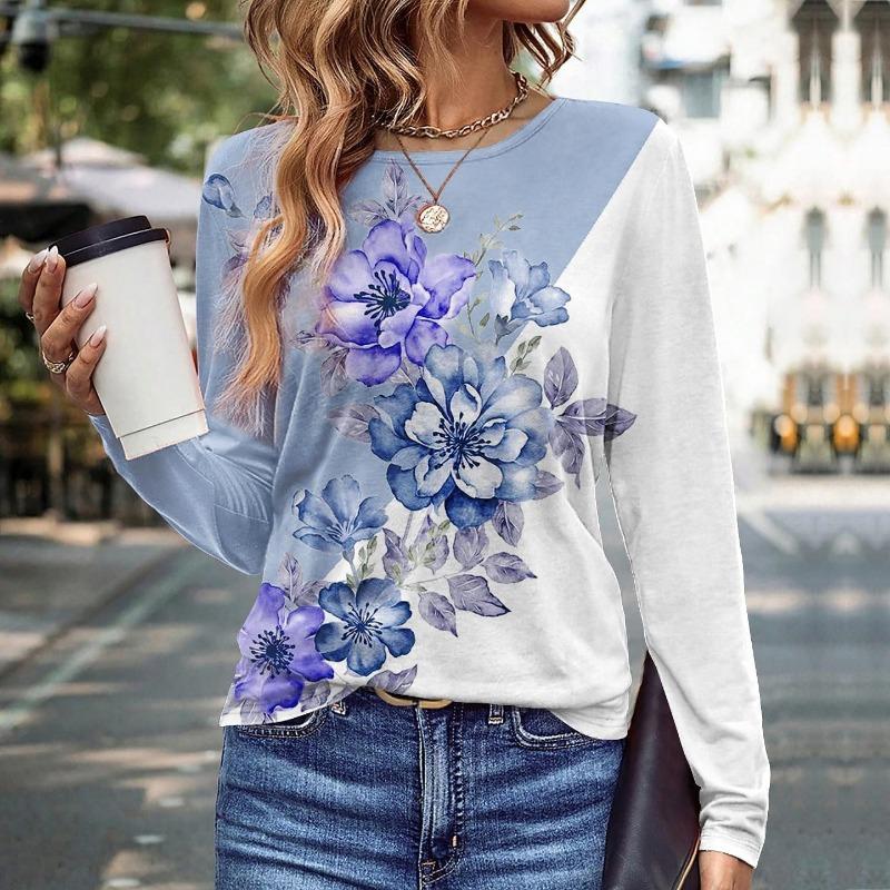 Plus Size Women Clothing Flower Pattern T-Shirts Spring Autumn Long Sleeve 3D Printing Floral Street Ladies Casual Tops