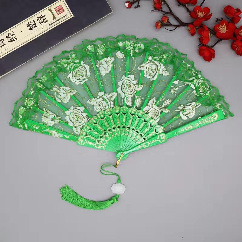 1Pc Chinese Ancient Style Flower Women Folding Fan with Tassel Fringe Hanfu Cheongsam Dance Fan Photo Props Summer Handheld Fan