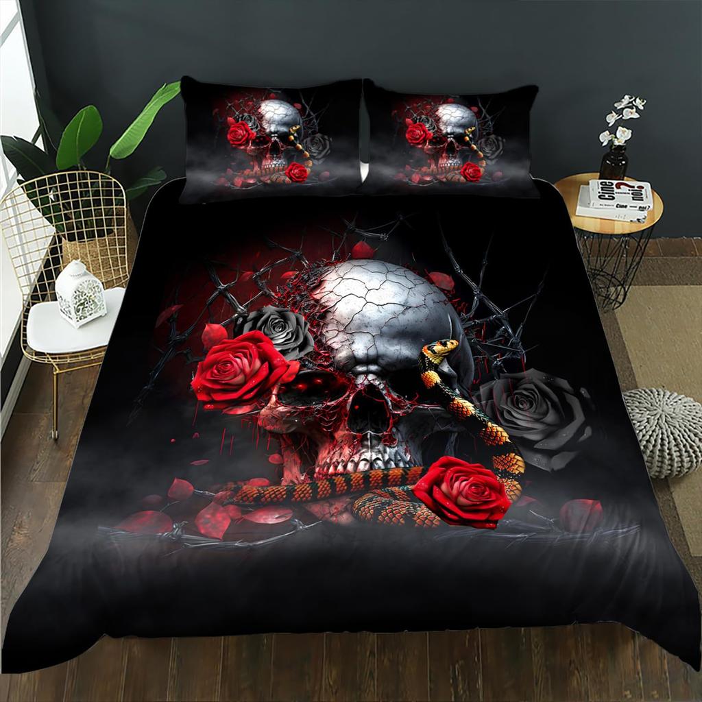 Black Damask Comforter Cover Set Exotic Sugar Skull Duvet Covers Gothic Vintage Floral Skeleton Bedding Set Bohemian Quilt Cover
