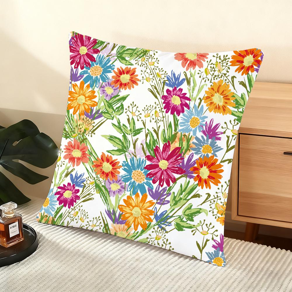 Spring Flower Print Cushion Cover Soft Short Plush Pillow Cover Smooth Cozy Texture Aesthetic Cushion Case Home Decor