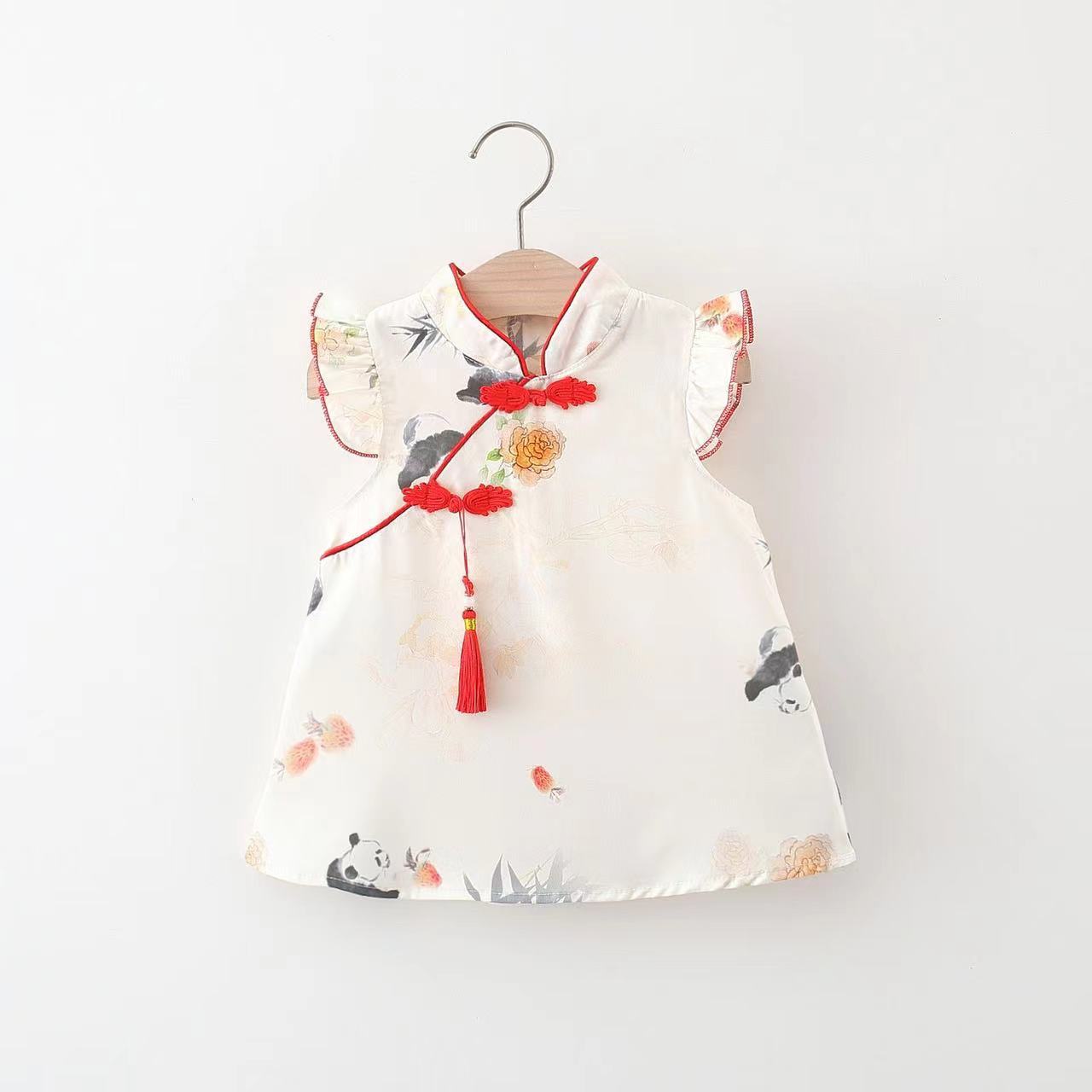 

Детская одежда, летнее новое платье для девочек с пандой и летящими рукавами, платье в китайском стиле для девочек 100cm