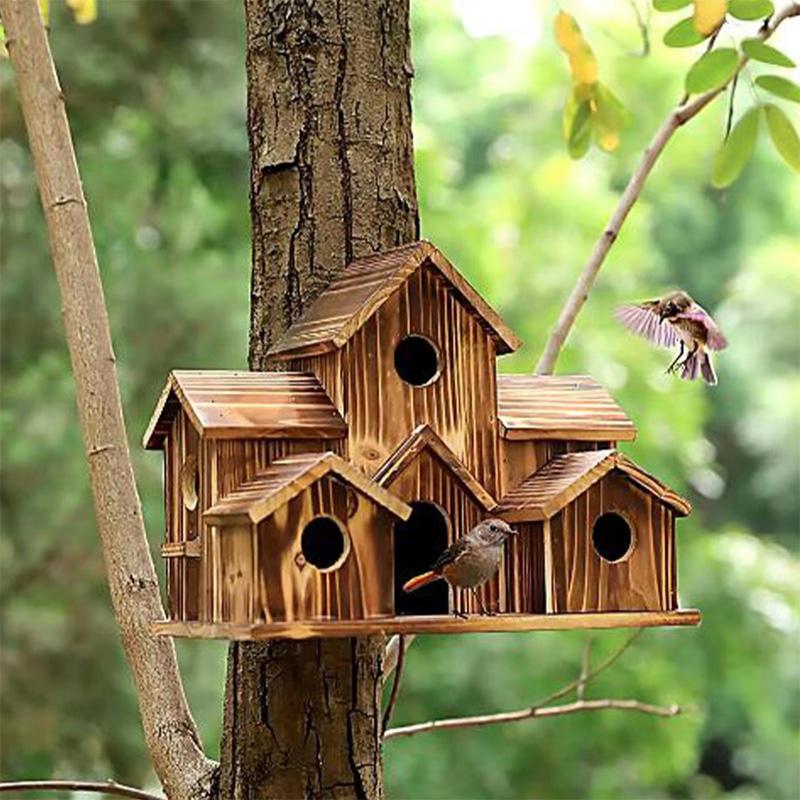 Multiple Entries Wooden Bird House Handcrafted Cedar with Arch Porch for Parakeets Finches Blue Jays Outdoor Sanctuary Decor