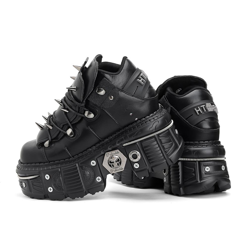 Nouvelles chaussures de style punk pour femmes, chaussures à lacets, hauteur de talon 6 cm, chaussures à plateforme, bottines gothiques rock, décoration en métal, baskets pour femmes