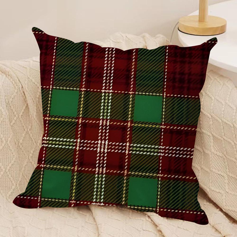 Red Plaid Cushion Cover Soft Plush Fabric Double-Sided Printed Sofa Cushion Cover for All Seasons Home Decor Gift