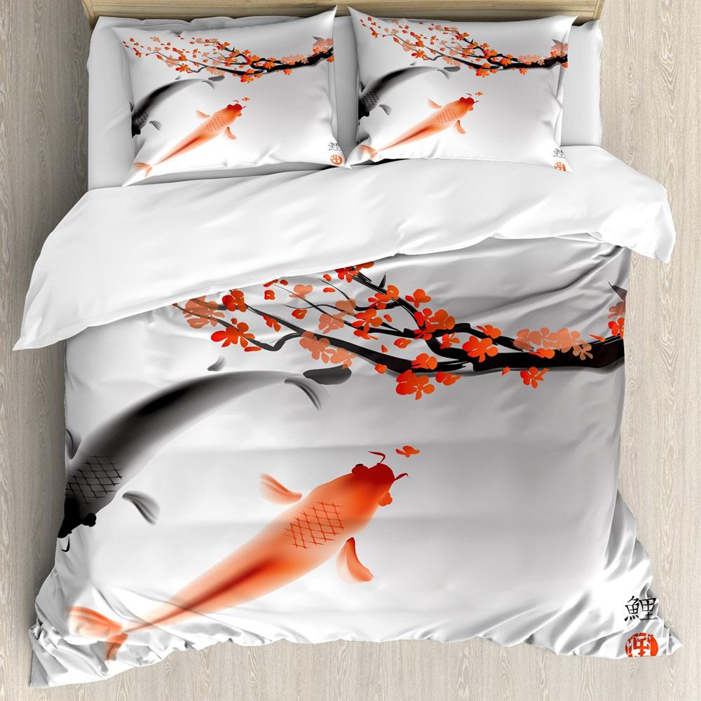 Japanese Duvet Cover Set,Branch Of A Flourishing Sakura Tree Flower Cherry Blossoms Spring Theme Art Japan Bedding Set Full Size