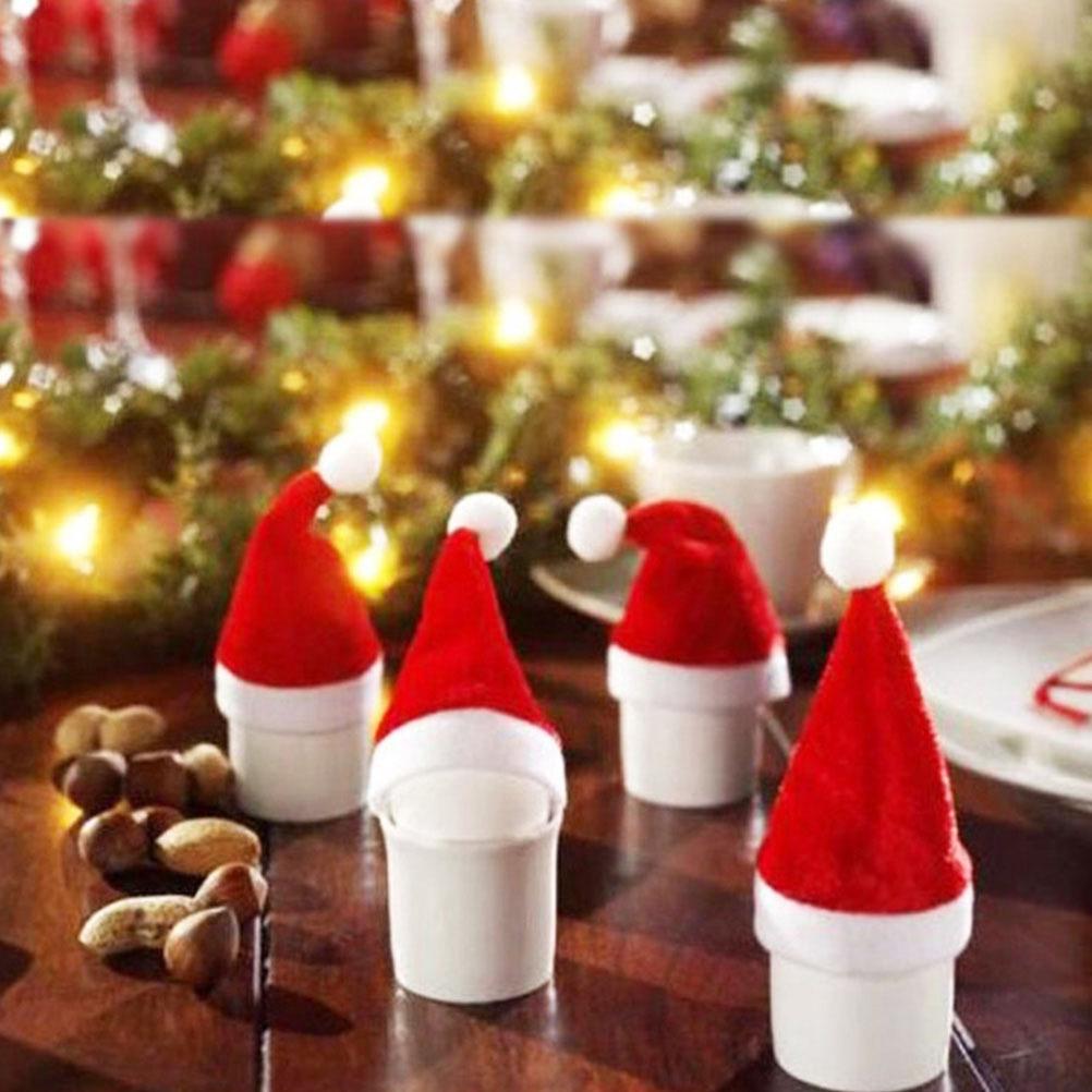 20pcs Red Mini Christmas Hat Wine Bottle Covers Santa Caps Holiday Party Decoration Xmas New Year Accessories 11Cm Hats