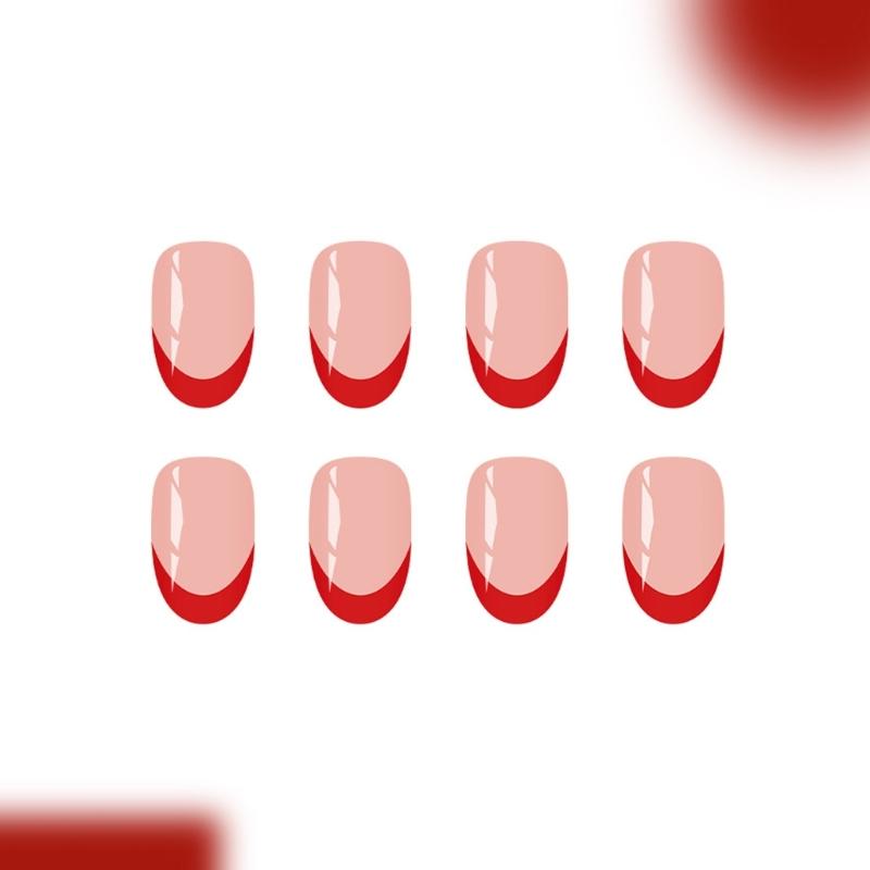 Pack Of 24 French Style Short Red Glossys Fake Nail For Holiday Party Glitters No Tools Needed ABS Material