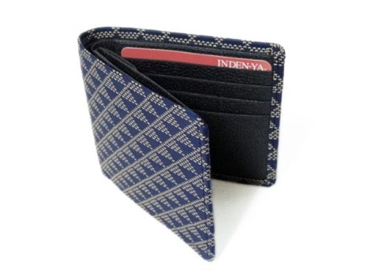 [Inden-ya] Inden Bifold Wallet 2003 Bill Compartment C, Navy Blue Deerskin with White Lacquer, Wave and Scale Pattern