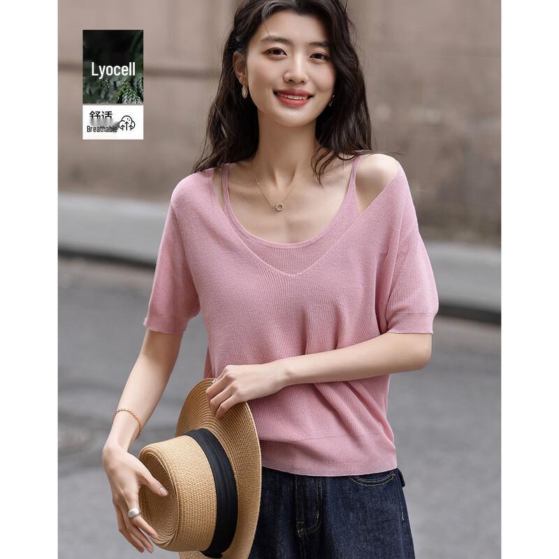 Demana Breathable Lyocell Mock Two-Piece Short-Sleeve Knit Top L