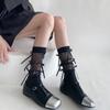 Japanischer Stil Schimmerndes Netz Spleißende Gerippte Über die Wade Socken für Damen Mädchen Niedliche Schleife Schleifenknoten Lange Strümpfe