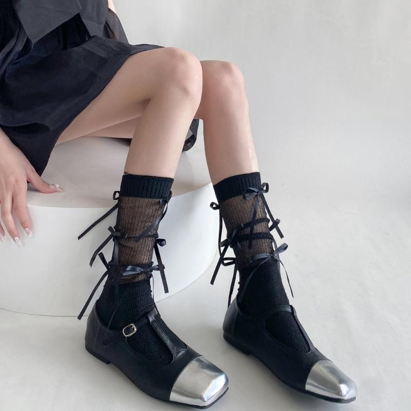 Japanischer Stil Schimmerndes Netz Spleißende Gerippte Über die Wade Socken für Damen Mädchen Niedliche Schleife Schleifenknoten Lange Strümpfe