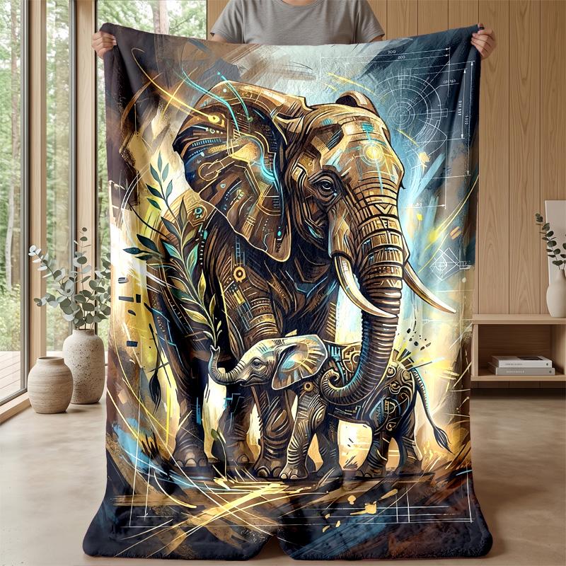 Mechanical Elephant Pair Theme Blanket Lightweight Warm Flannel Blanket Decorative Throw Blanket for Home Decoration