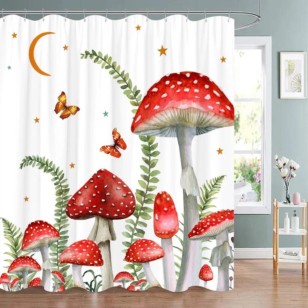 Mushroom Shower Curtain Retro Mushrooms Butterfly Floral Boho Moon Stars Botanical Wildflower Green Plant Aesthetic Bath Curtain