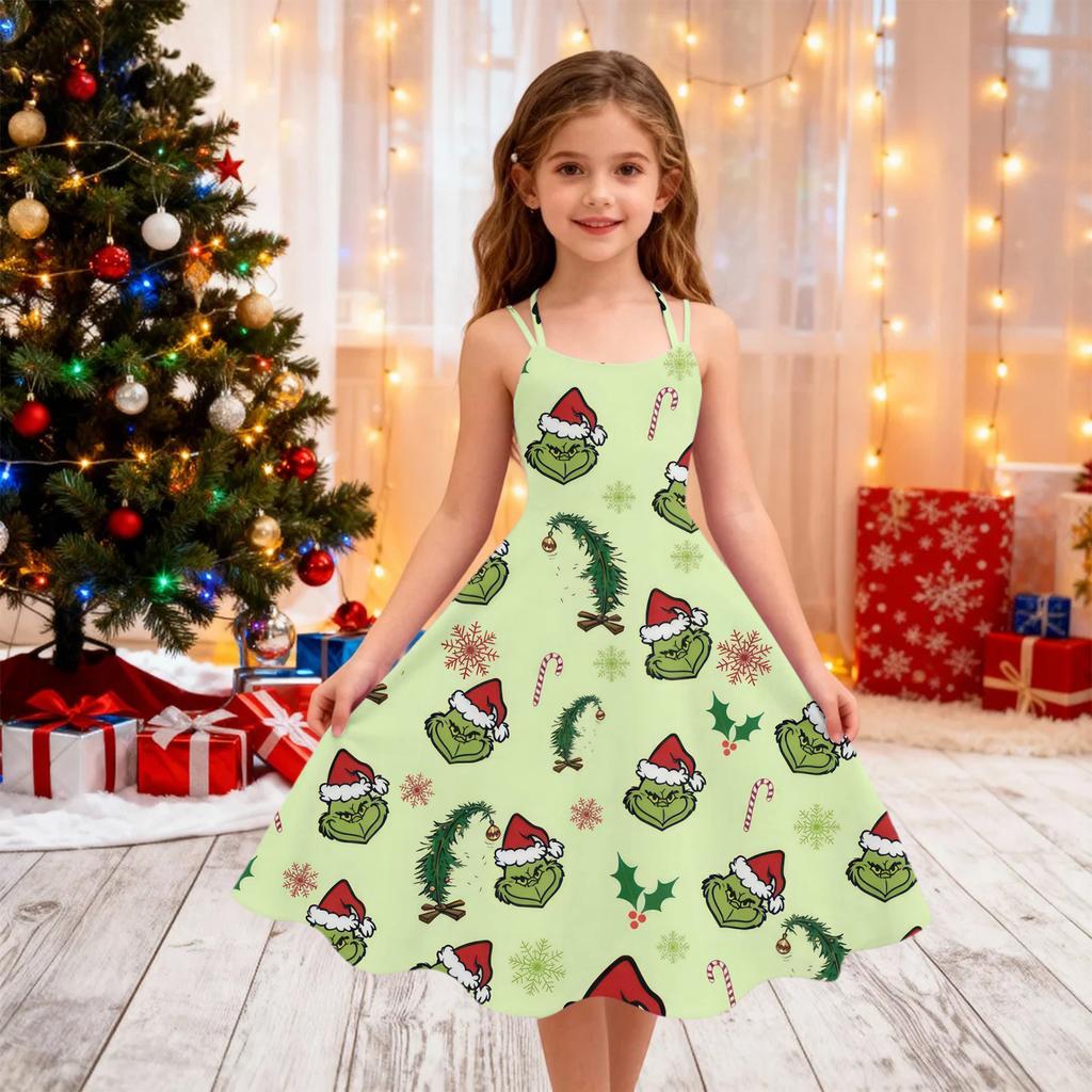 Children's Fashion Casual Christmas Print Off-Shoulder Punk Vintage Dress