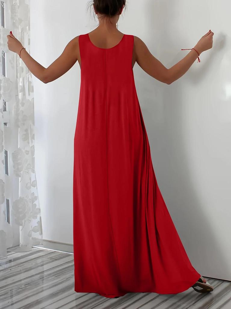 Plus Size Summer Solid Color Dress with Side Pockets (European and American Style)