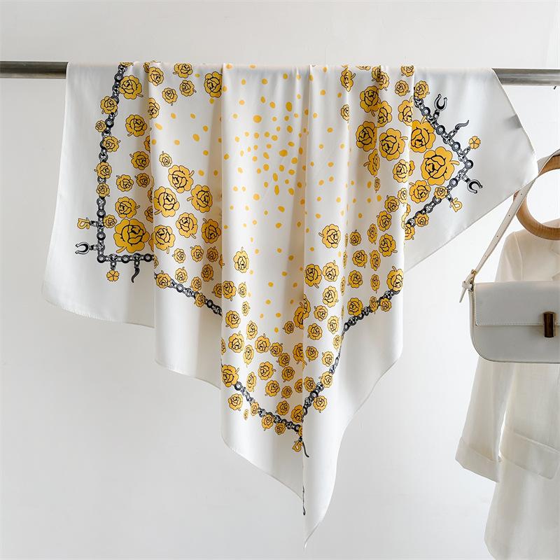 90cm Floral Print Silk Square Scarf Women Luxury Satin Shawls Neckerchief Wrap Scarves Bandana Hair Hjiab Bohemian