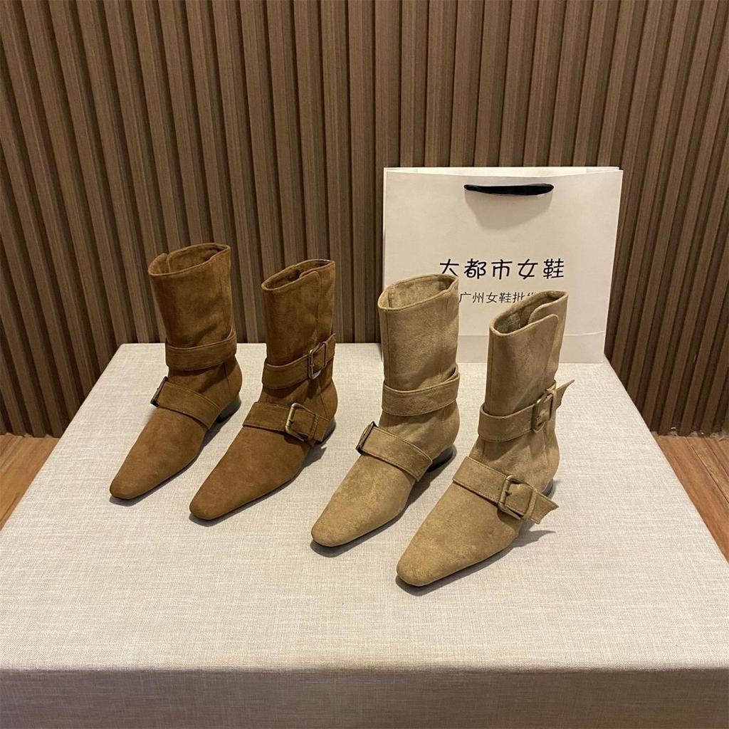British Style Short Boots Women's Autumn and Winter 2025 New Fashionable Foreign Style Belt Buckle Retro Versatile Small Square Head Bare Boots