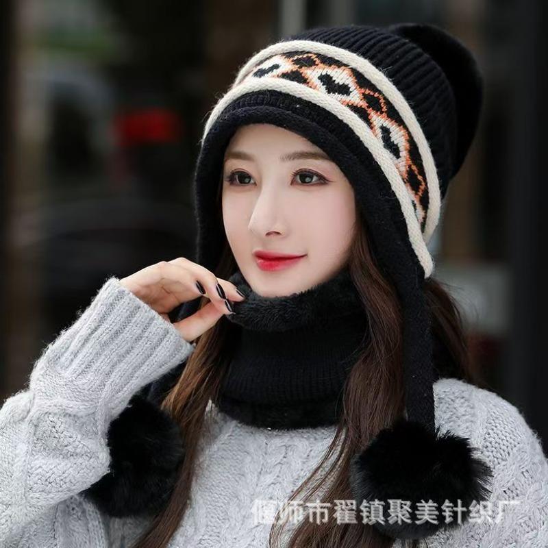 Winter Knitted Hat Cute Versatile Wool Cover Hat Fleece Thickened Thermal Ear Protection Hat Fleece Outdoor Cold-proof Milliner