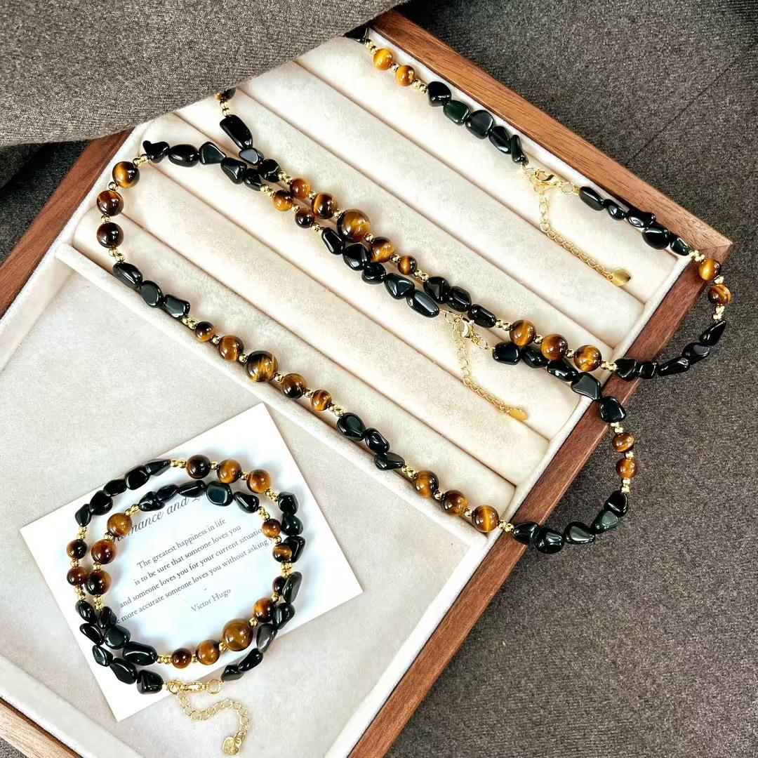 

Vintage High Quality Natural Tiger S Eye Stone Accompanying Black Agate Collarbone Chain Necklace