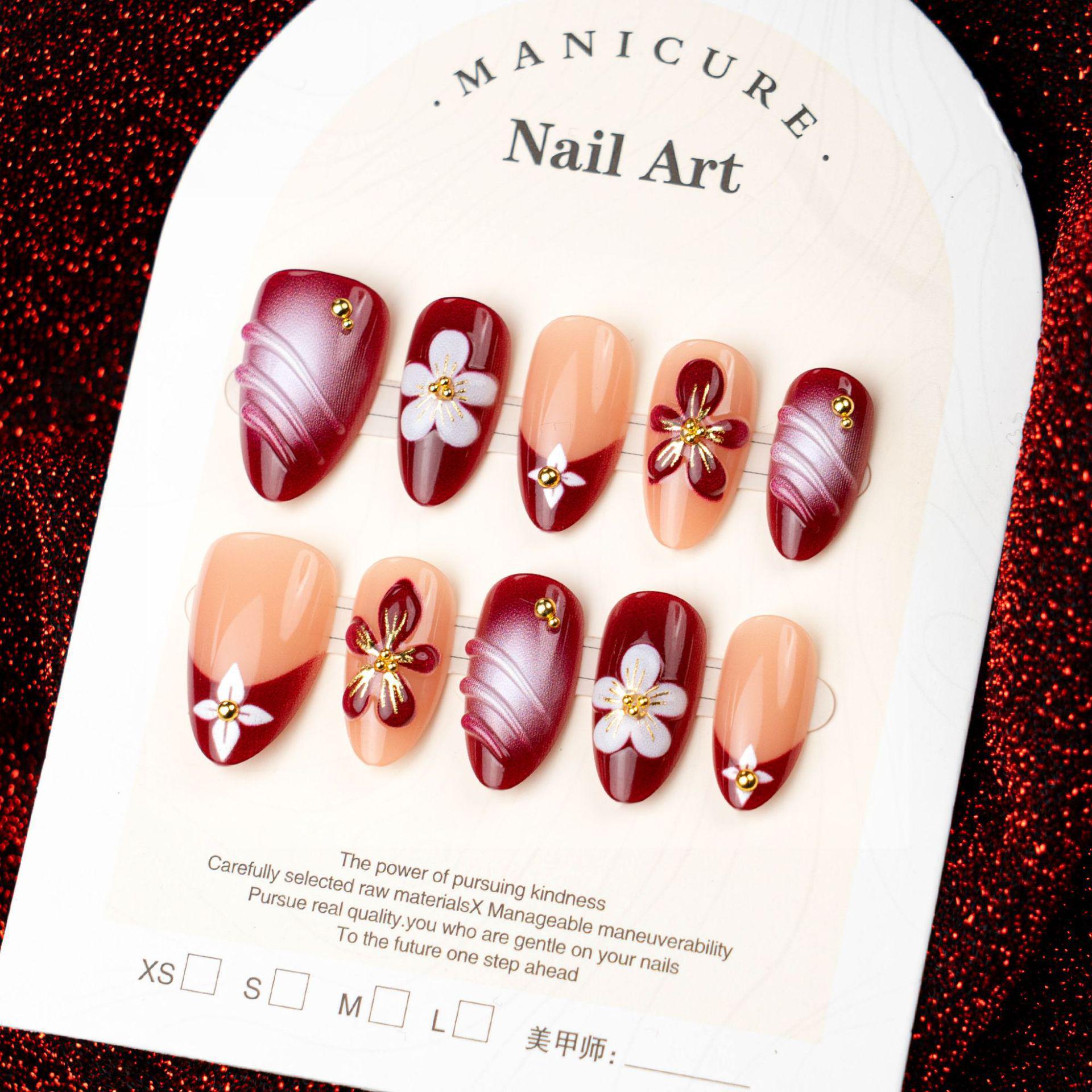 30-Piece Gold Foil 3D Almond Wearable Nails - Handmade European  American Sweet French Manicure Tips Finished Strip (Three Sets Full Diamond)