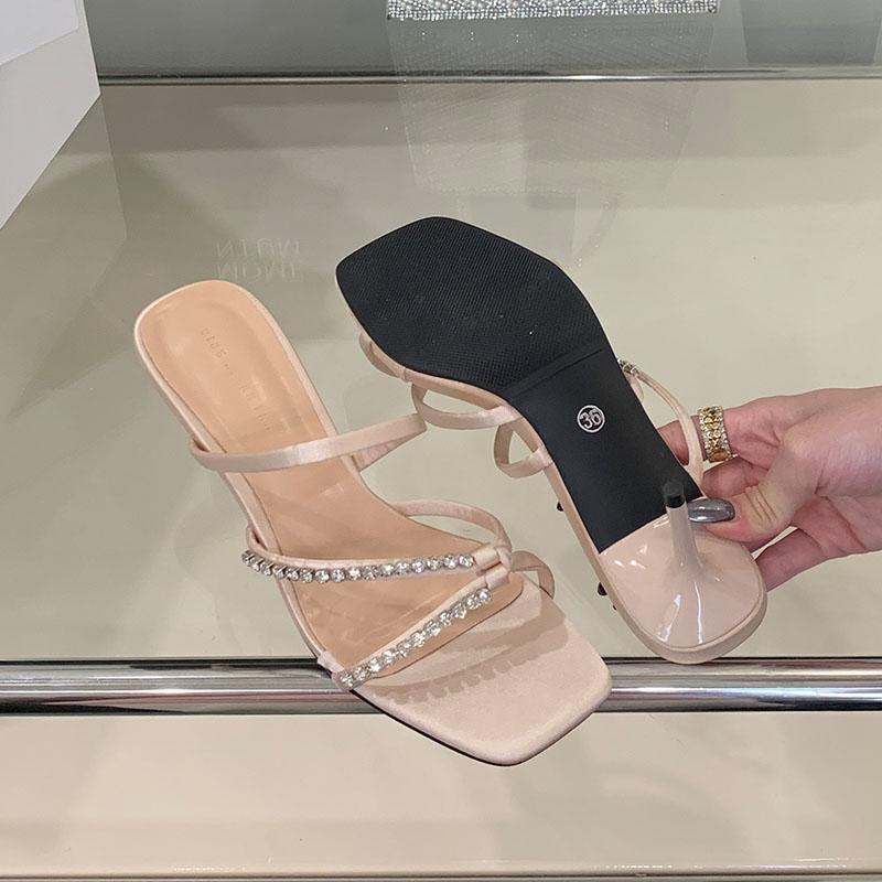 

Fashion Luxury Footwear Rhinestones Women Thin Heels Pumps Shoes Female Slides Square Toe Fashion Silk Ladies High Heels Shoes 35 шампанского