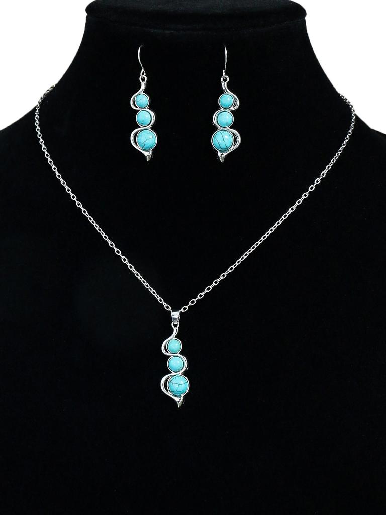 Bohemian Zircon Set Simple Turquoise Earrings Silver Geometric Set Turquoise Pendant Necklace