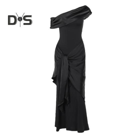 Abendkleid für Damen, schräger Halsausschnitt, schulterfrei, ärmellos, plissiert, Schnürung, Schärpendekor, unregelmäßiges Design, schmale Passform, Abschlussball, Party, Maxikleid, Sommerkleid