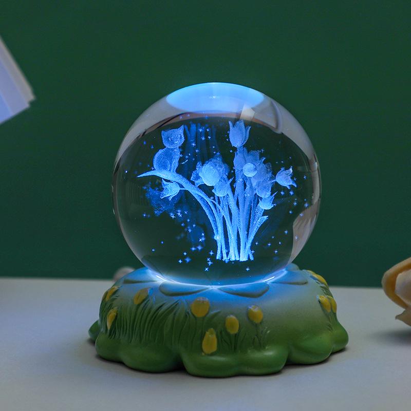 Tulip Crystal Ball 3D Night Light - Luminous Bedroom Ornament & Birthday Gift for Girls