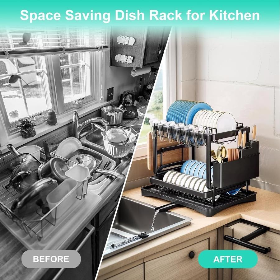 2Tier Dish Racks for Kitchen Counter Multifunctional Dish Drying Rack Large Capacity Metal Kitchen Dishes Drying Rack Plate Org