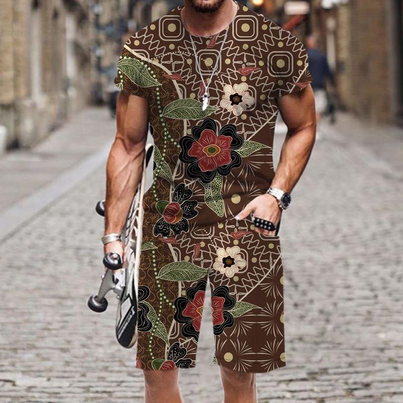 New Men's Tracksuits Vintage Pattern 3D Print Men's Round Neck T-shirt Set Casual Shorts 2 Piece Summer Street Man Clothing