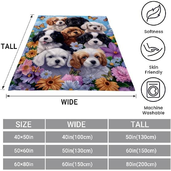 WZOMT Dog Blanket, Cute Floral Puppy Dog Print Throw Blankets Decor, Kawaii Dogs Themed Gifts for Women, Soft Cozy Fuzzy Plush Fleece Flannel