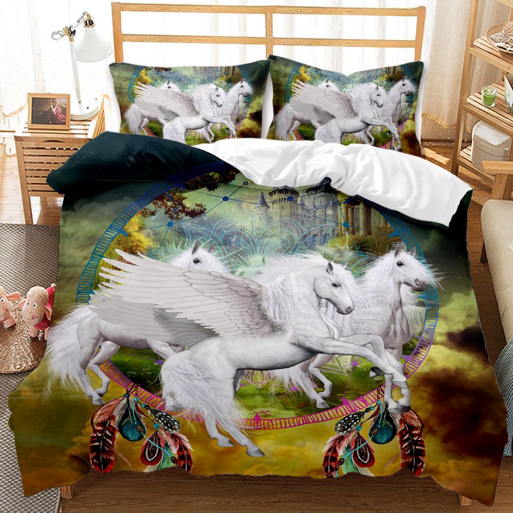 Cartoon Unicorn Floral Duvet Cover Set Magical Animals Pattern Boys Girls Bedding Sets Queen/King 1 Duvet Cover 2 Pillowcases