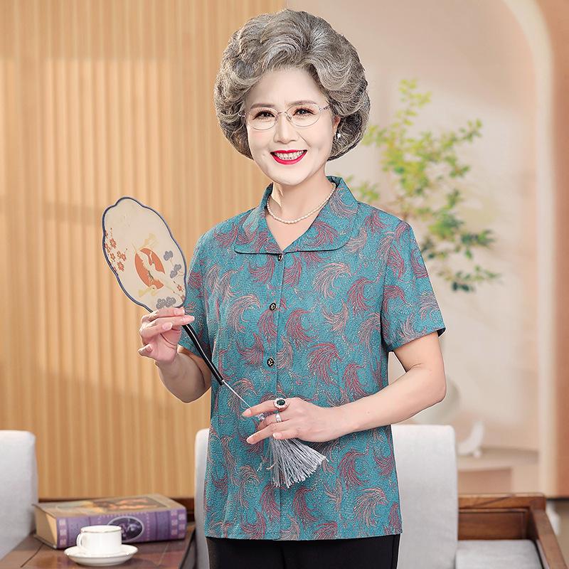 

Elegant Silk Short-Sleeved Shirt for Middle-Aged and Elderly Women, Plus-Size Grandma or Mom (Ages 60-70) XL (Recommended 50-55 kg)