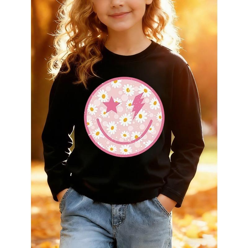 European sizes Kids' Long Sleeve Top, Fashionable Long Sleeve T-Shirt for Kids, Smiling Daisy Print Top, Cute Top, Suitable for Daily Casual Wear