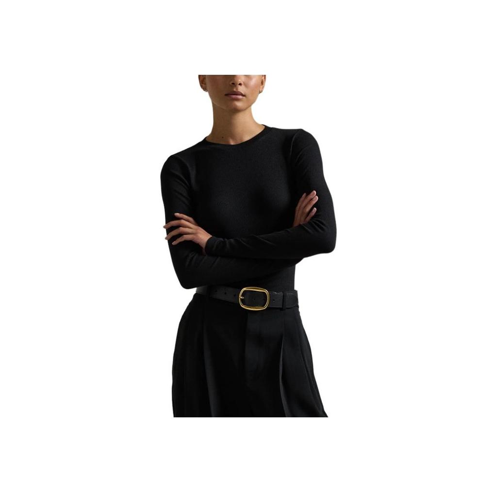 Polo Ralph Lauren FW24 Solid Ribbed Texture Crew Neck Slim Fit Long Sleeve T-Shirt Women Tops Black WMPOKNINC020182-001
