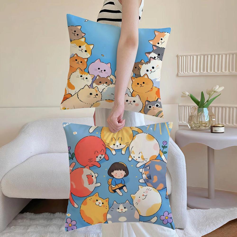 Cartoon Cute Cat Picture For Wake Up Cushion Cover Pillowcase Short Plush Invisible Zipper Room Sofa Cushion Cover
