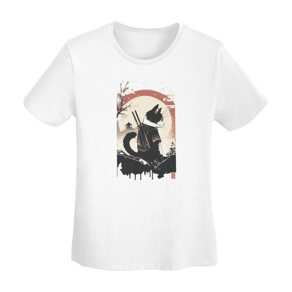 Cats Anime Samurai Sword TShirt Women Short Sleeve T Shirts Crew Neck Clothing Cotton Summer Tees Streetwear